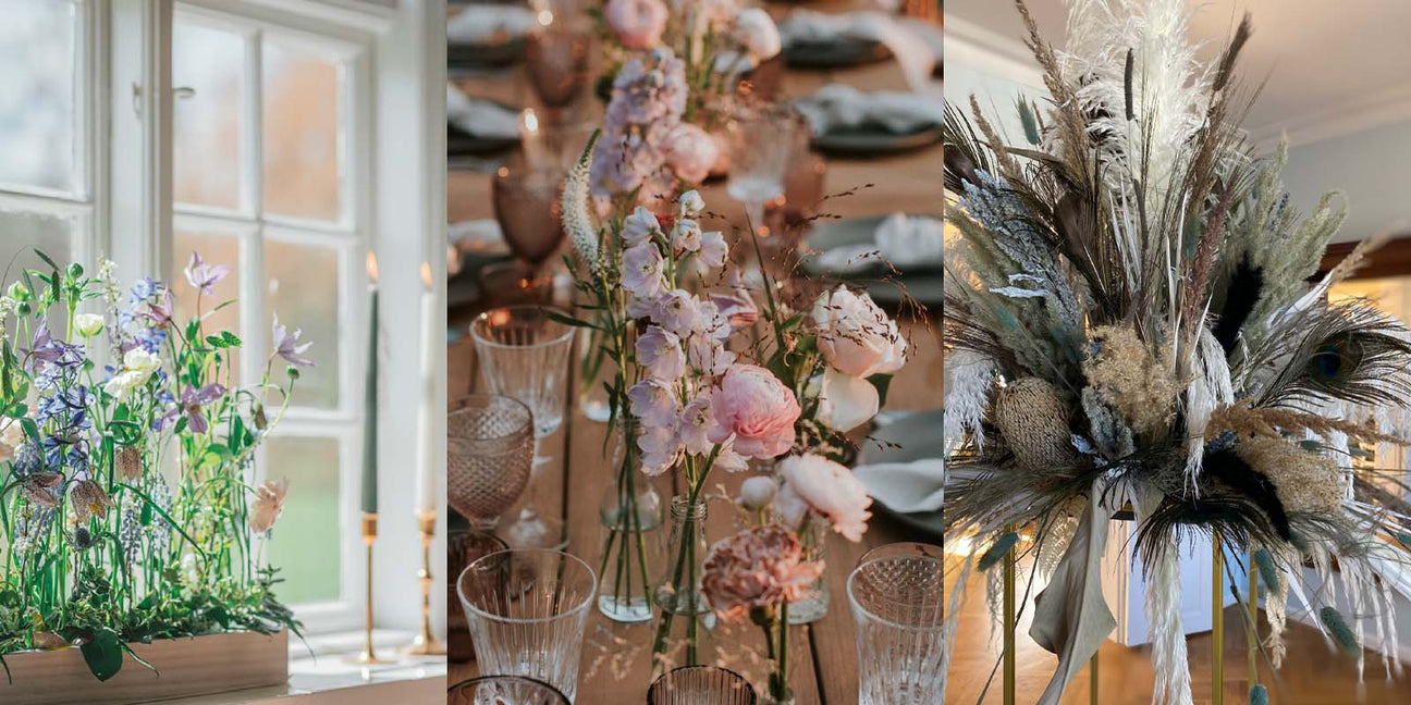 Blomsterdekorationer, buketter og opsats med tørrede og friske blomster skaber stemning til fin fest. Bliv inspireret af mit arbejde med blomster og blomsteroppyntning til fester og arrangementer.