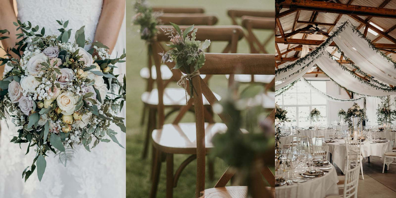 Bryllupsblomster i form af brudebuket, ranker i loftet, borddekorationer i blomsteropsats centerpieces, stole med blomsterdekorationer. Bryllupsblomster har mange muligheder bliv inspireret og se mere af Diana Roses arbejde