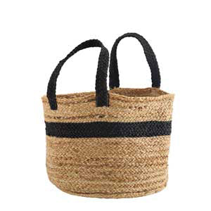 Jute taske med håndtag i sort og natur farve.