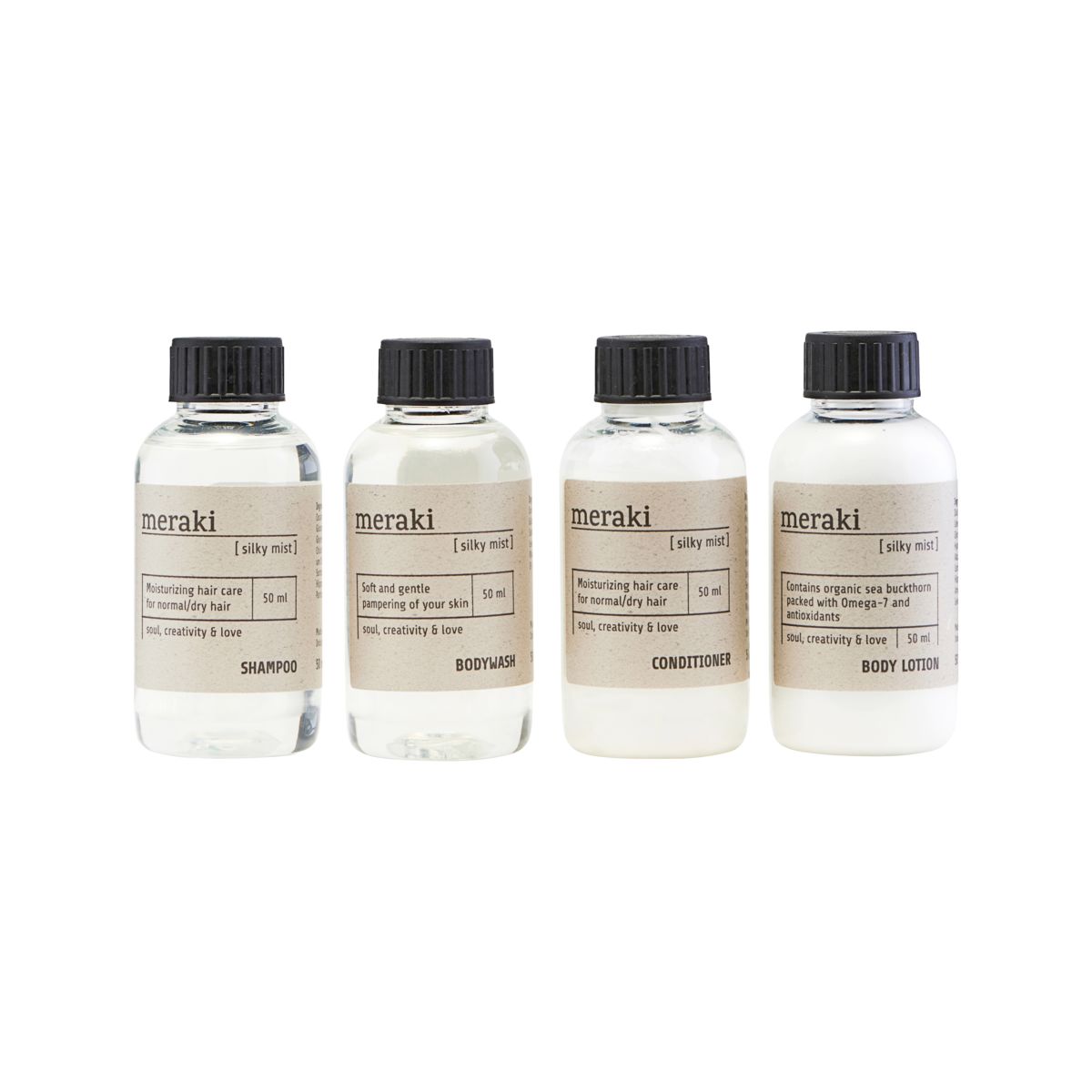 Meraki rejsekit med shampoo, bodywash, conditioner og bodylotion.