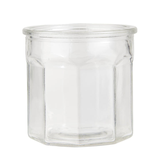 Opbevaringsglas i lille størrelse og gennemsigtigt glas. kan både bruges til opbevaring af marmelade eler tørvarer.