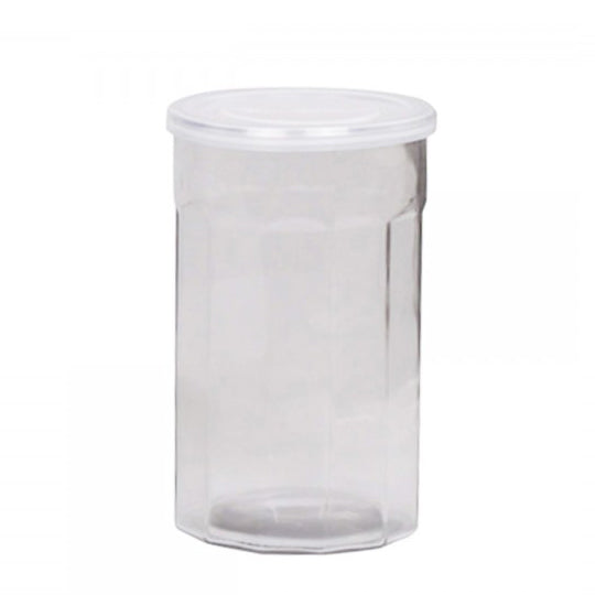 Højt opbevaringsglas med sort plastik låg. Kan bruges til morgenmads opbevaring, mel eller andre tørvarer.