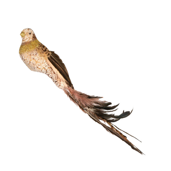 Fugl i guld/natur med rosa krop. Fuglen er sat på klips som gør det let at pynte fuglen på juletræet.